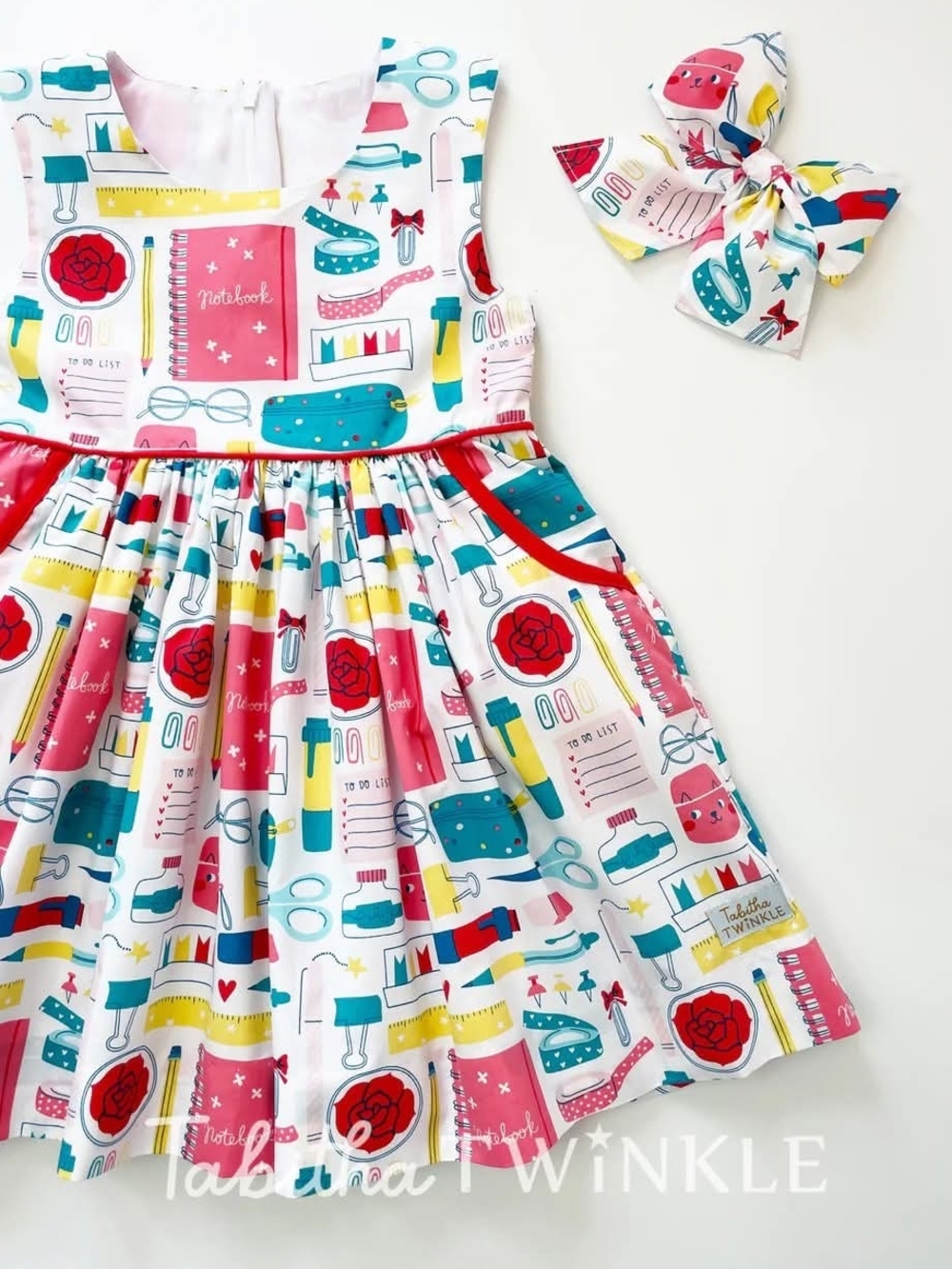 Girls' School Supplies Print Dress with Bow - White, Pink & Teal